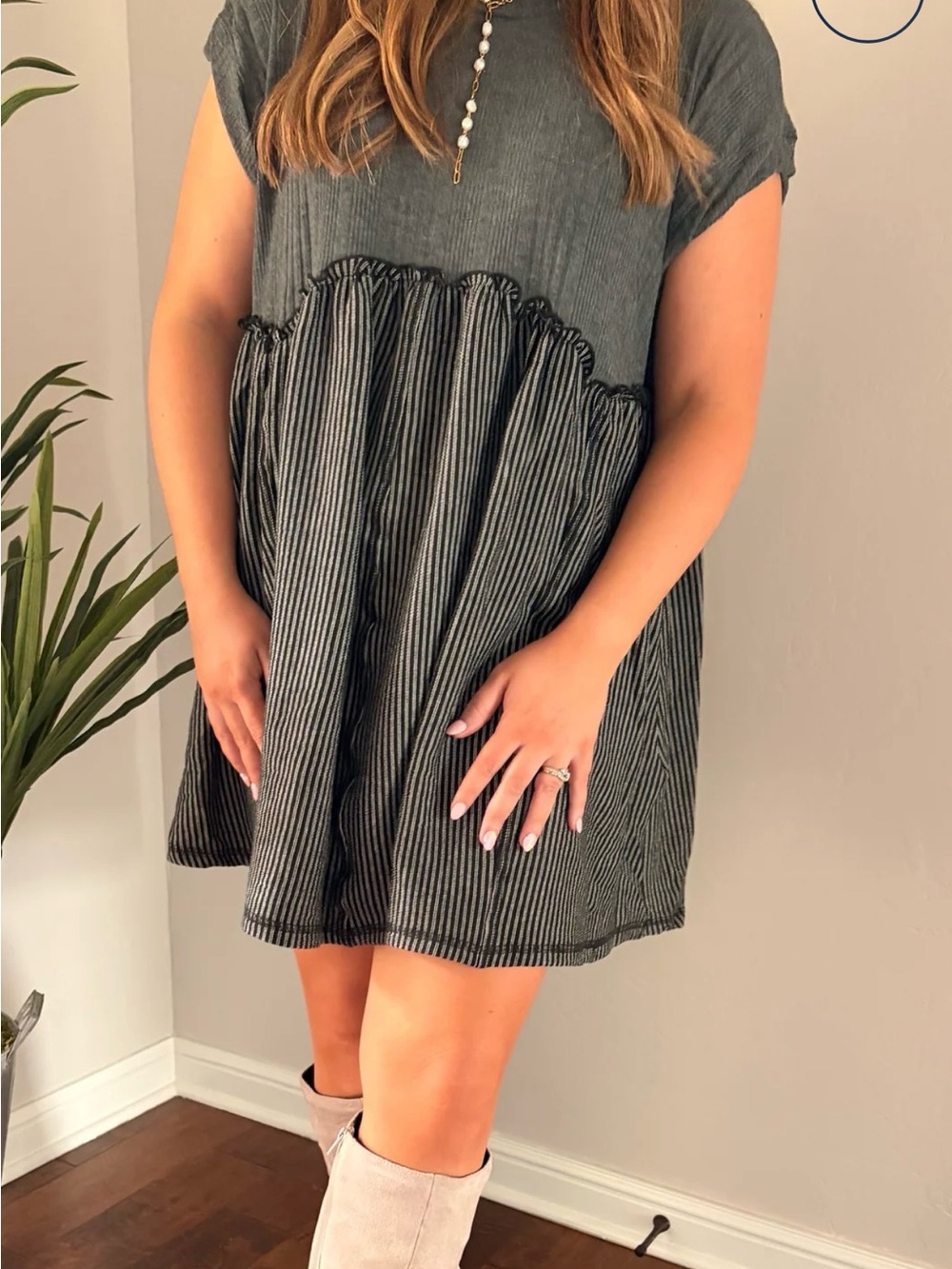 Three Bird Nest Striped Babydoll Mini Dress in Charcoal